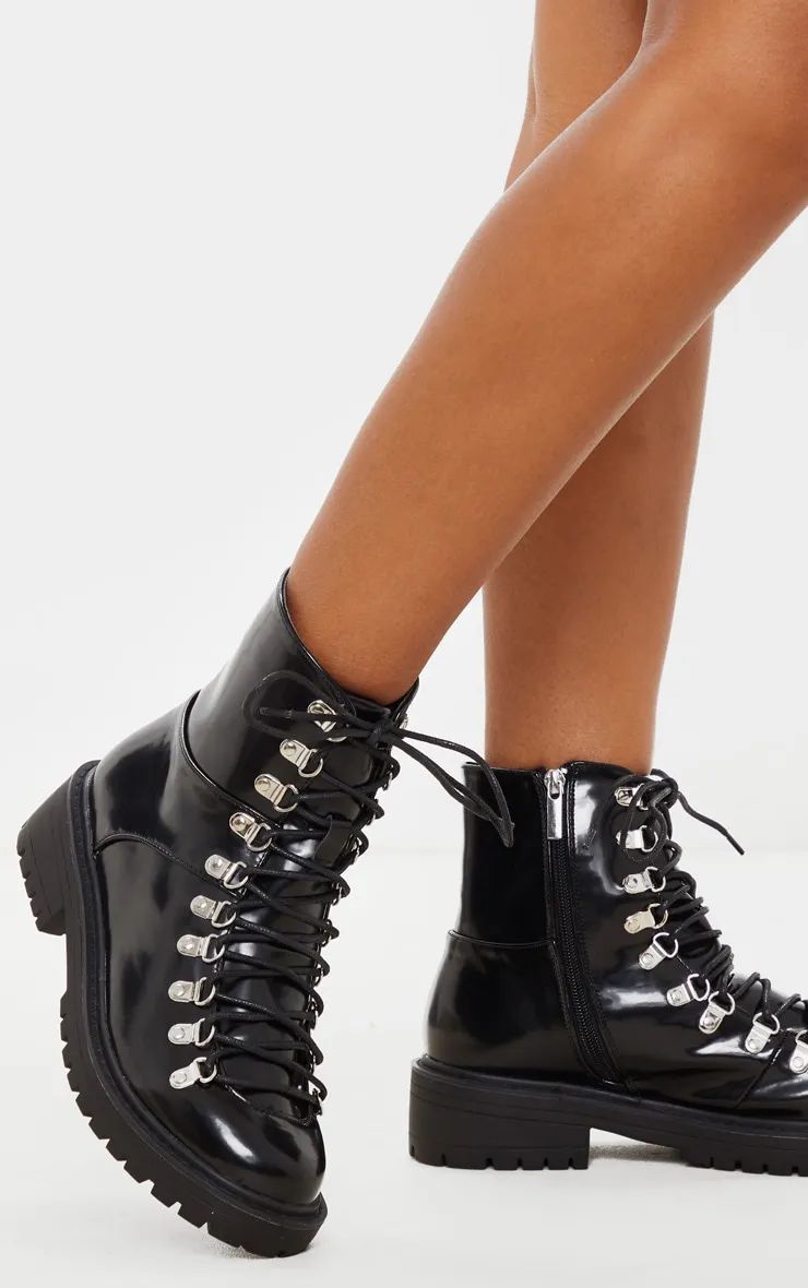 Black Cleated Sole Hiker Eyelet Ankle Boot sold by Pretty Little Thing
