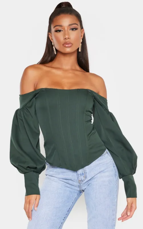 Emerald Bardot Balloon Sleeve Corset Top sold by Pretty Little Thing