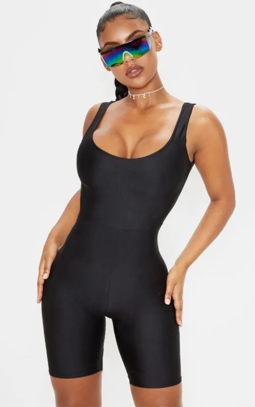 Black Scoop Neck Unitard sold by Pretty Little Thing