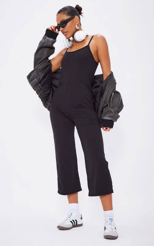Black Strappy Jersey Culotte Jumpsuit sold by Pretty Little Thing