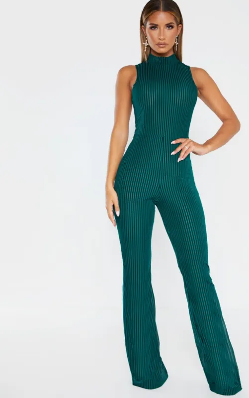 Emerald Green High Neck Striped Velvet Jumpsuit sold by Pretty Little Thing