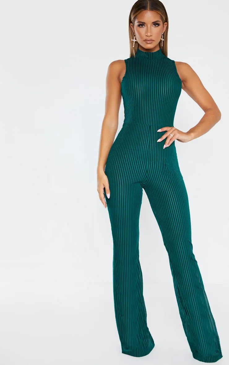 Emerald Green High Neck Striped Velvet Jumpsuit sold by Pretty Little Thing