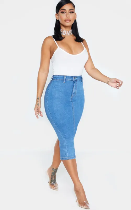 Shape Mid Wash Disco Midi Skirt sold by Pretty Little Thing