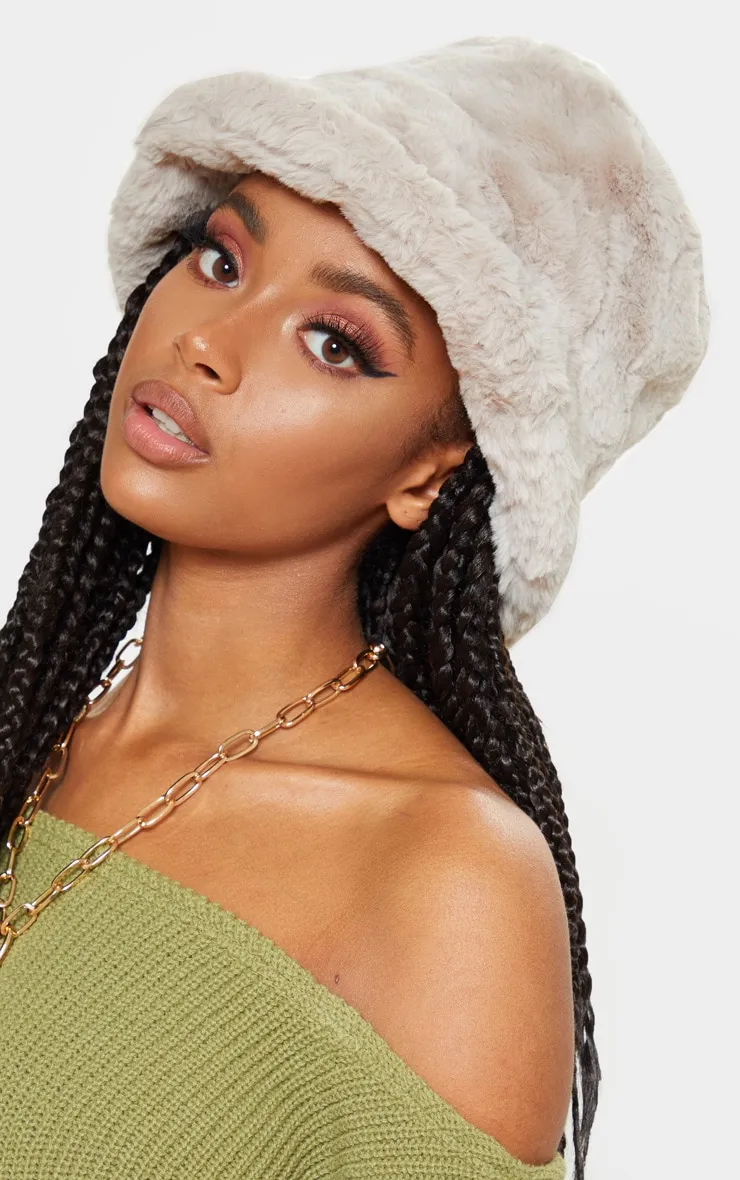 Beige Faux Fur Fluffy Bucket Hat sold by Pretty Little Thing