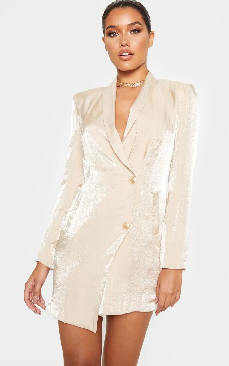 Champagne Pleated Shimmer Gold Button Blazer Dress sold by Pretty Little Thing product image thumbnail 4