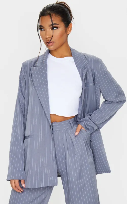 Charcoal Grey Pinstripe Oversized Dad Blazer sold by Pretty Little Thing