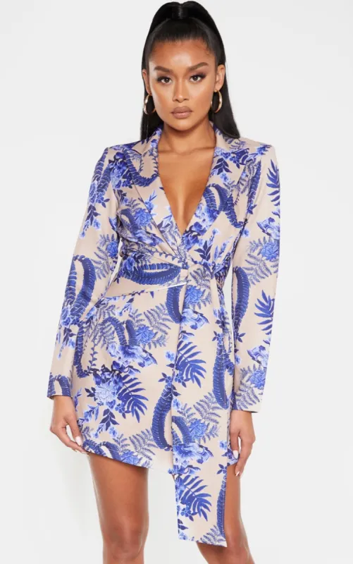Nude Floral Wrap Detail Blazer Dress sold by Pretty Little Thing