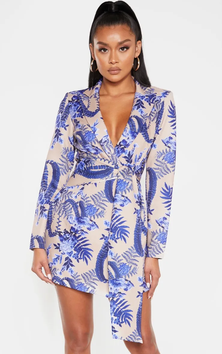 Nude Floral Wrap Detail Blazer Dress sold by Pretty Little Thing
