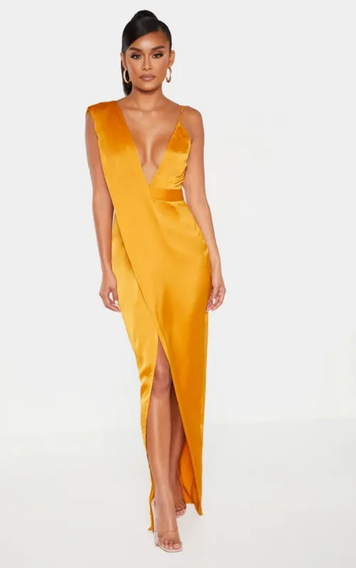 Mustard Asymmetric Drape Detail Maxi Dress sold by Pretty Little Thing