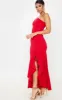 Red One Shoulder Frill Split Maxi Dress sold by Pretty Little Thing