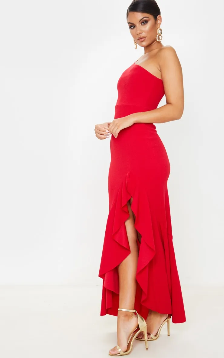 Red One Shoulder Frill Split Maxi Dress sold by Pretty Little Thing product image thumbnail 4