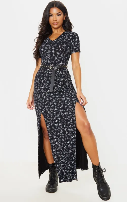Black Ditsy Floral Split Detail Maxi Dress sold by Pretty Little Thing