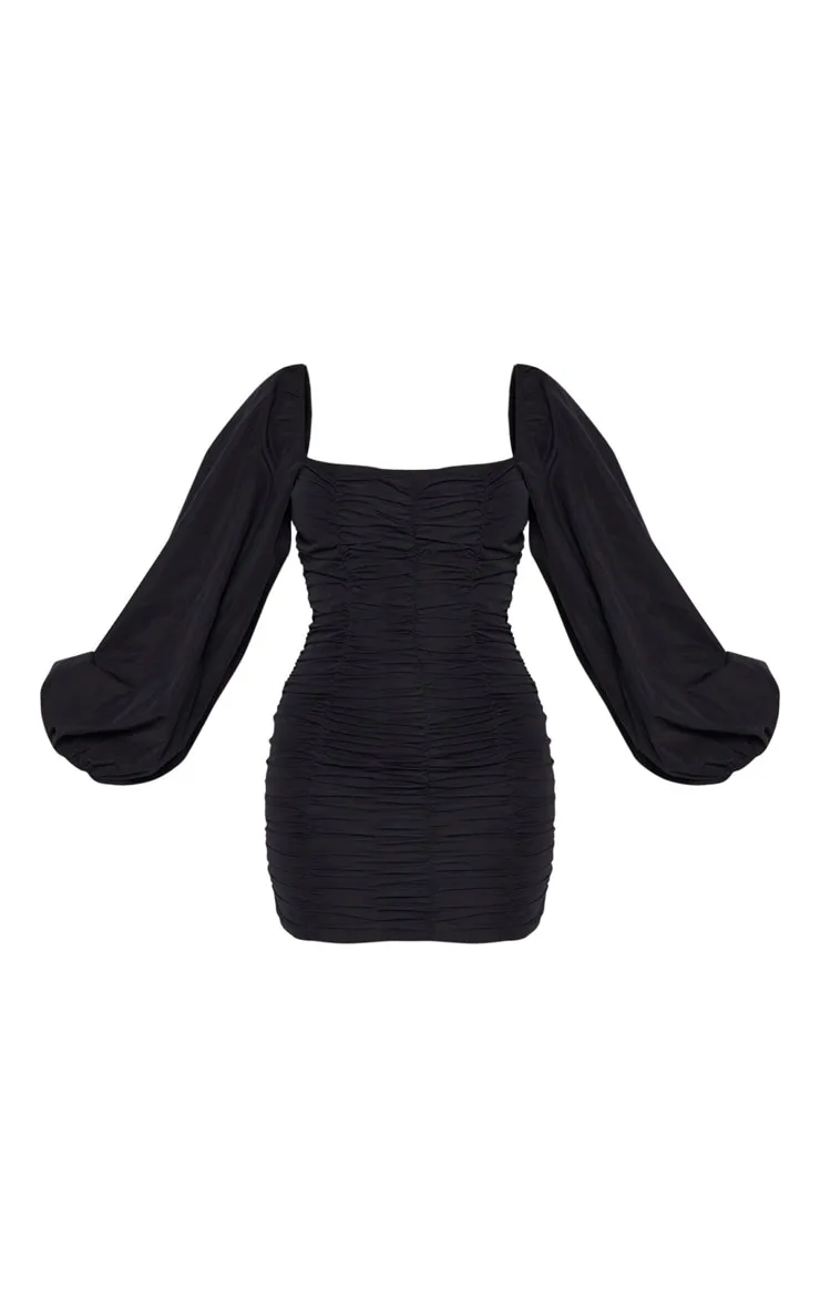 Black Balloon Sleeve Ruched Bodycon Dress sold by Pretty Little Thing product image thumbnail 3