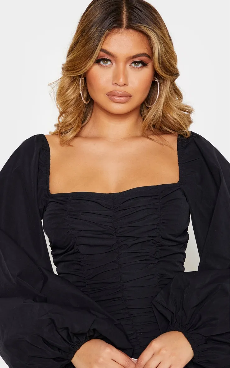 Black Balloon Sleeve Ruched Bodycon Dress sold by Pretty Little Thing product image thumbnail 5
