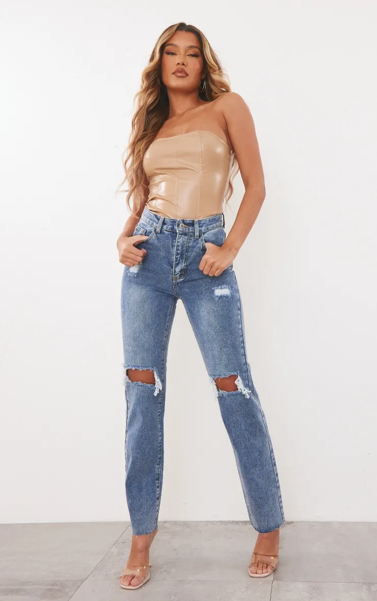 Mid Wash High Rise Ripped Straight Leg Jeans sold by Pretty Little Thing