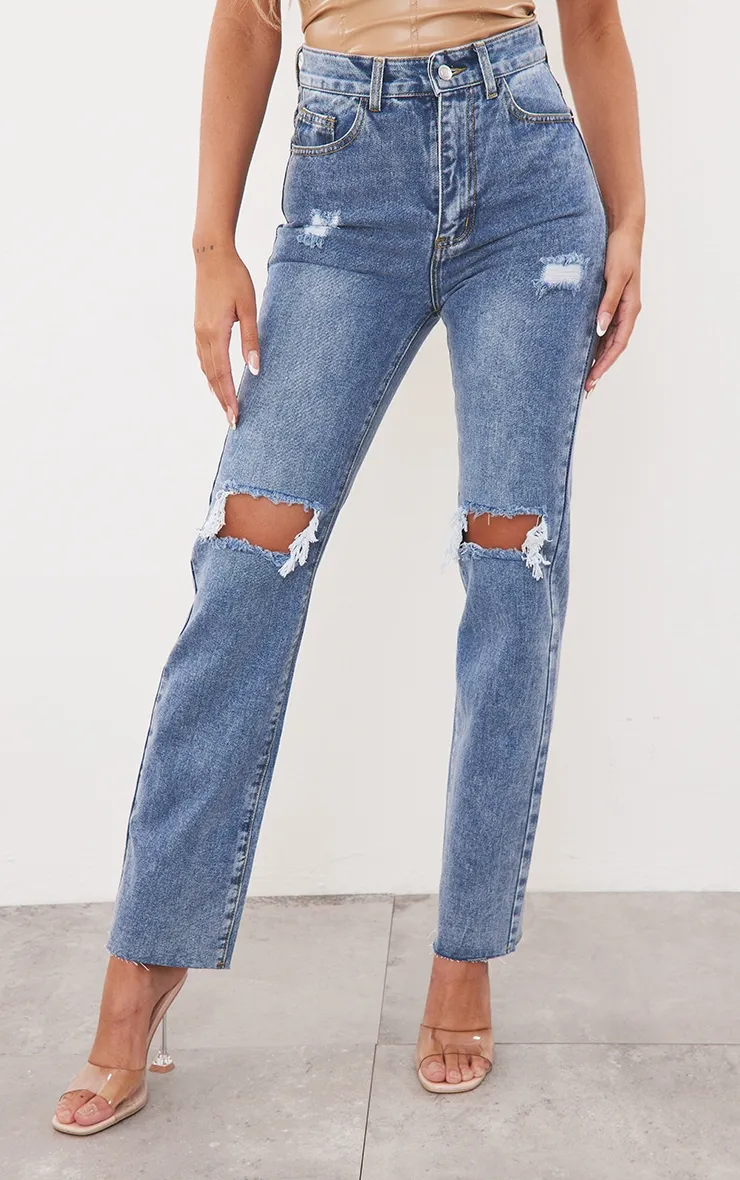 Mid Wash High Rise Ripped Straight Leg Jeans sold by Pretty Little Thing product image thumbnail 2