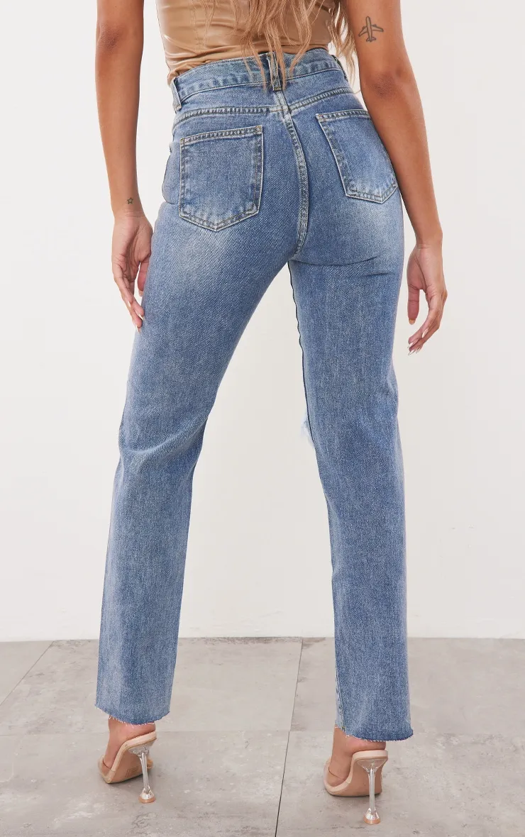 Mid Wash High Rise Ripped Straight Leg Jeans sold by Pretty Little Thing product image thumbnail 3
