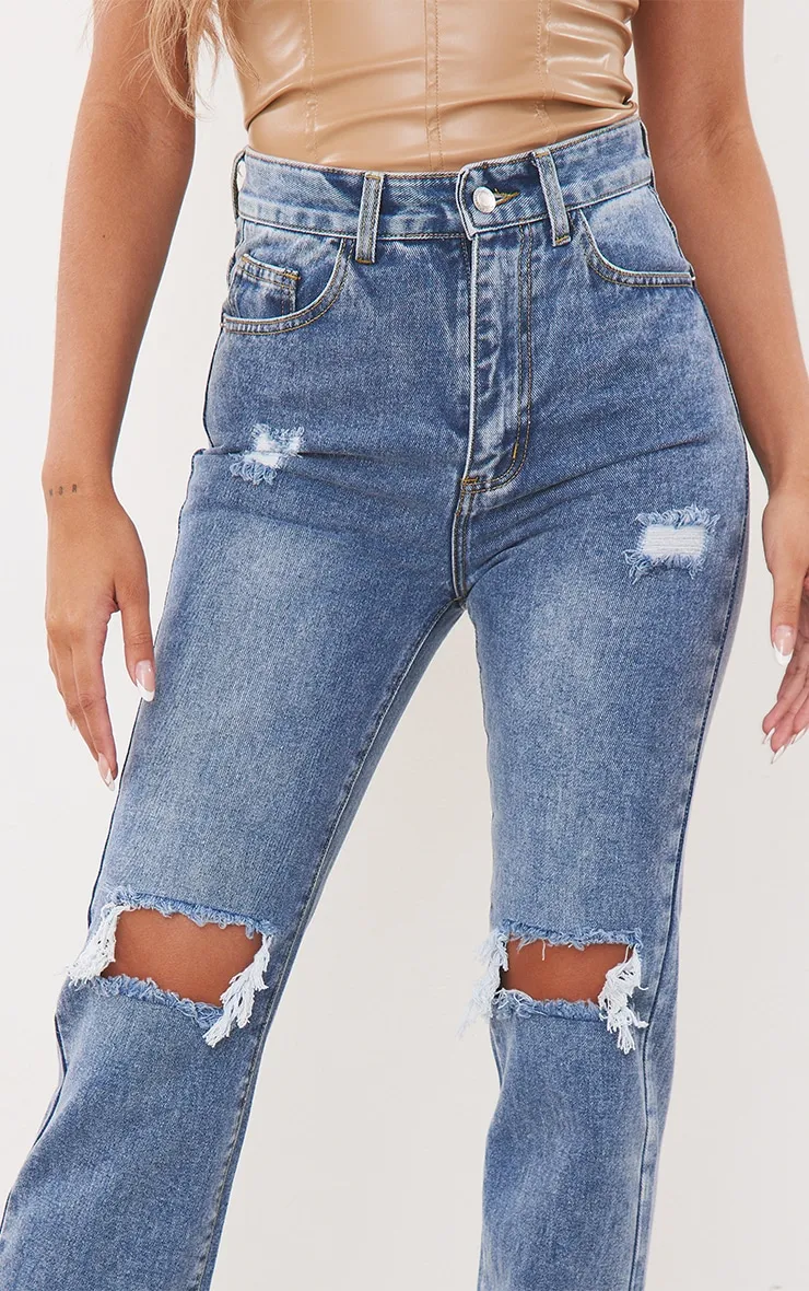 Mid Wash High Rise Ripped Straight Leg Jeans sold by Pretty Little Thing product image thumbnail 4