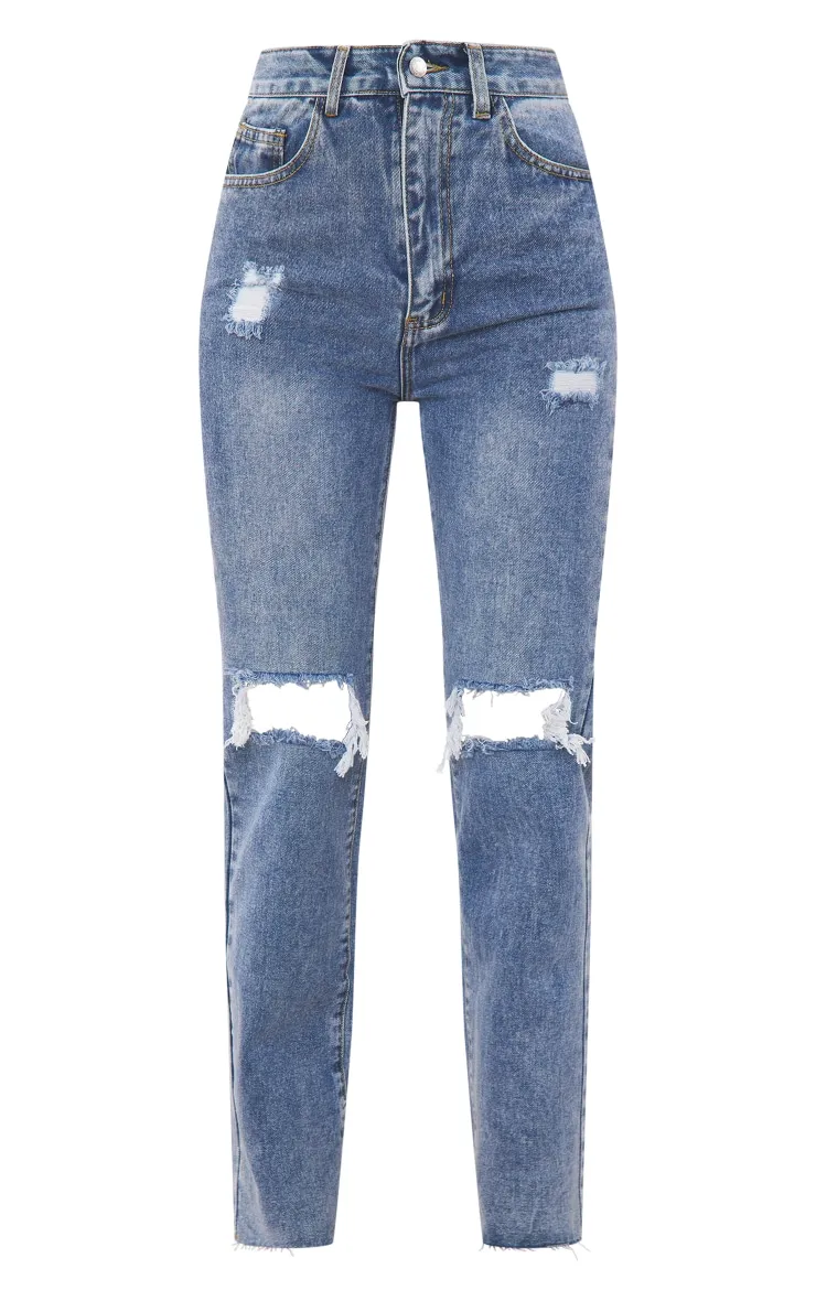 Mid Wash High Rise Ripped Straight Leg Jeans sold by Pretty Little Thing product image thumbnail 5