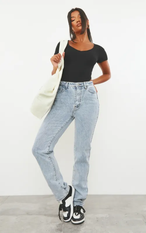 Light Wash Long Leg Straight Jeans sold by Pretty Little Thing