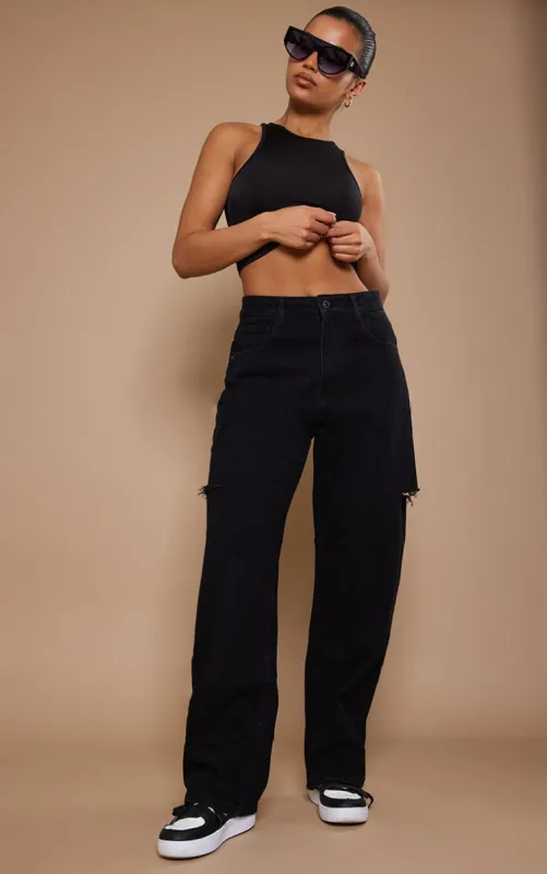 Washed Black Thigh Split Baggy Boyfriend Jeans sold by Pretty Little Thing