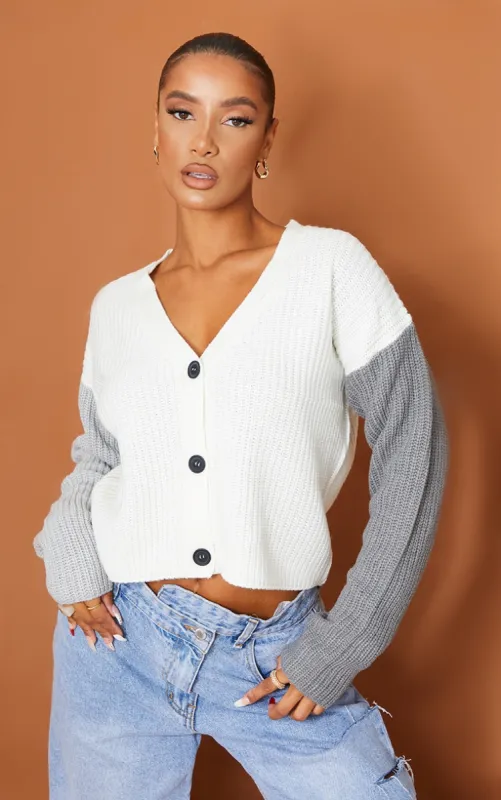 Grey Colour Block Button Up Cropped Cardigan sold by Pretty Little Thing