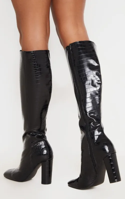 Black Round Block Heel Knee High Boots sold by Pretty Little Thing