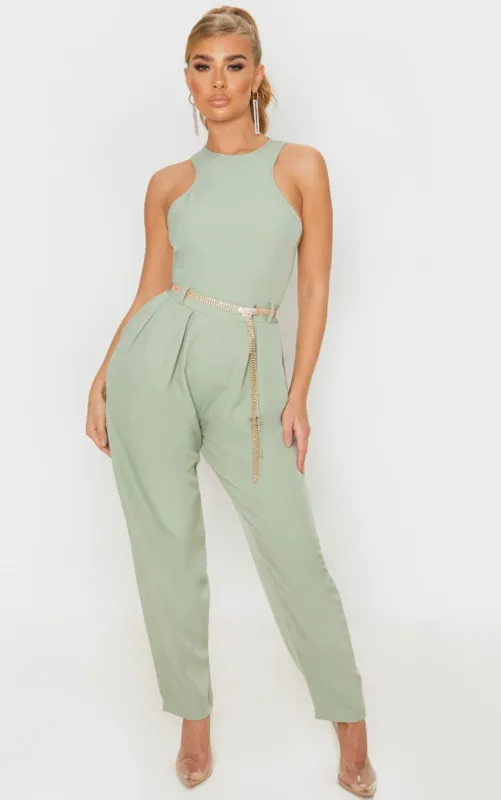 Sage Green Racer Back Pocket Detail Jumpsuit sold by Pretty Little Thing