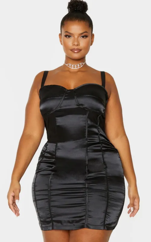 Plus Black Satin Corset Detail Bodycon Dress sold by Pretty Little Thing