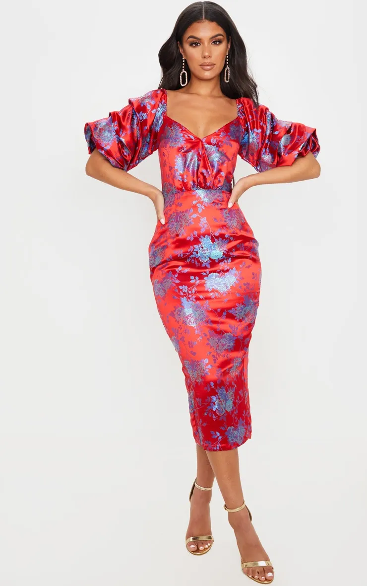 Red Floral Jacquard Lace Up Back Midi Dress sold by Pretty Little Thing product image thumbnail 2