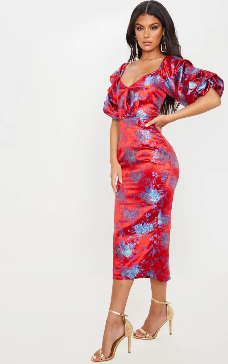 Red Floral Jacquard Lace Up Back Midi Dress sold by Pretty Little Thing product image thumbnail 3