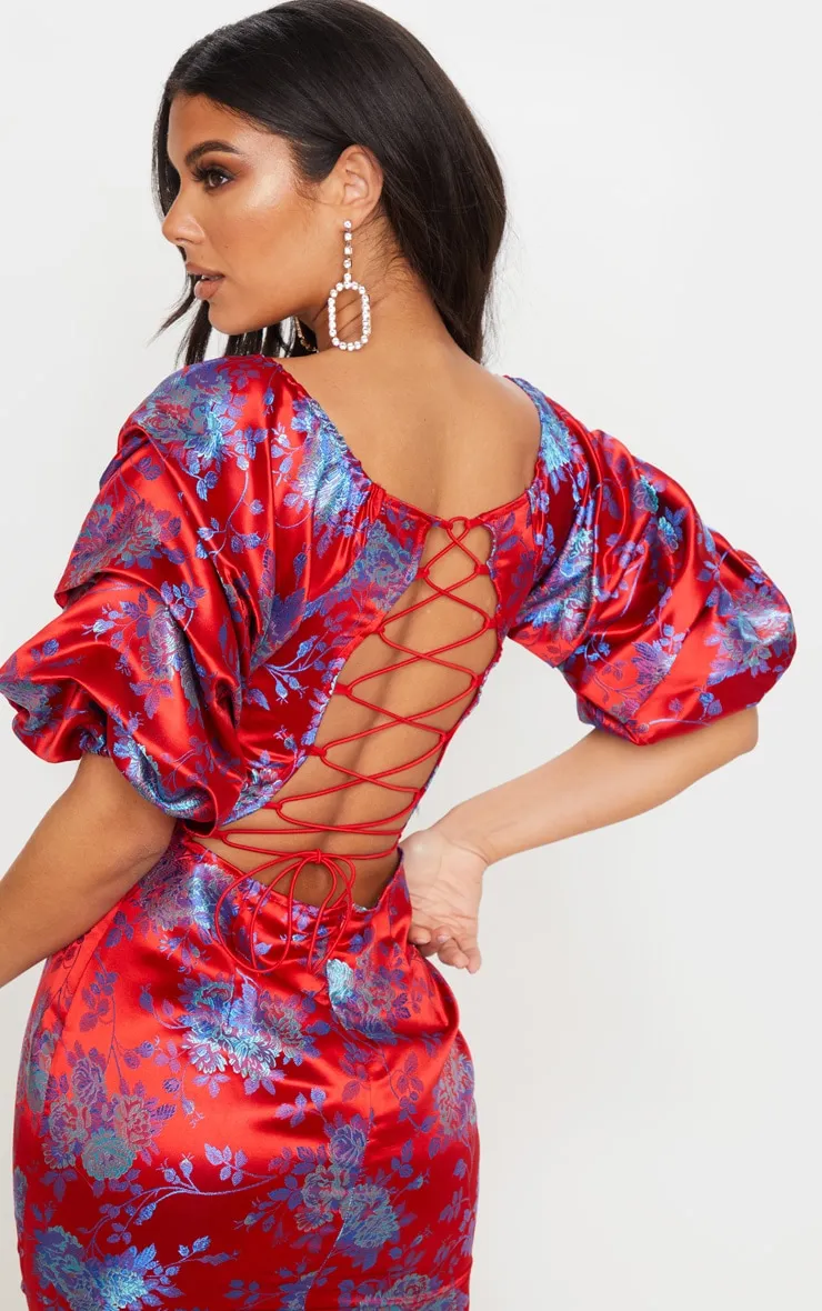 Red Floral Jacquard Lace Up Back Midi Dress sold by Pretty Little Thing product image thumbnail 4