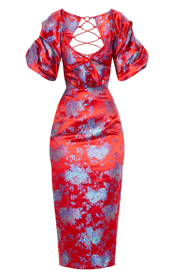 Red Floral Jacquard Lace Up Back Midi Dress sold by Pretty Little Thing product image thumbnail 5