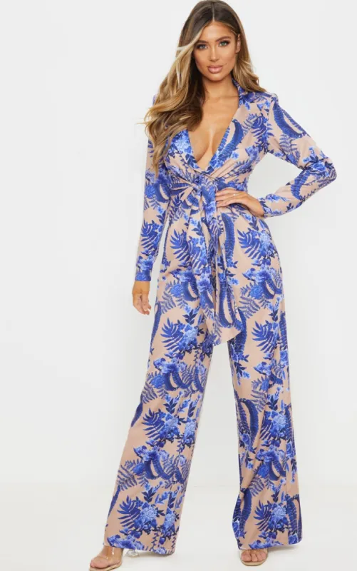 Nude Floral Wrap Detail Blazer Jumpsuit sold by Pretty Little Thing
