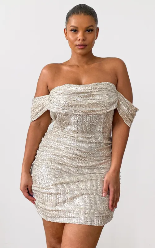 Plus Cream Sequin Bardot Bodycon Dress made by Pretty Little Thing