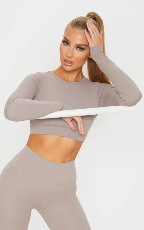 Taupe Sculpt Luxe Long Sleeve Sports Top sold by Pretty Little Thing