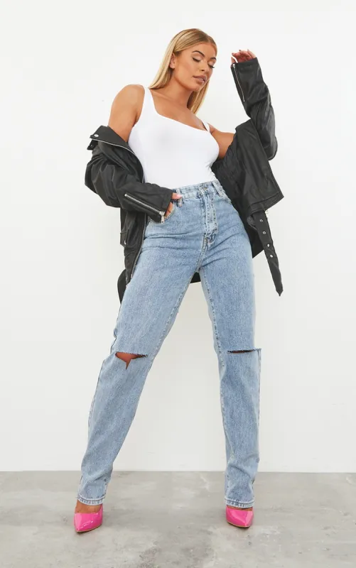 Vintage Light Blue Wash Slash Knee Long Leg Straight Leg Jeans sold by Pretty Little Thing