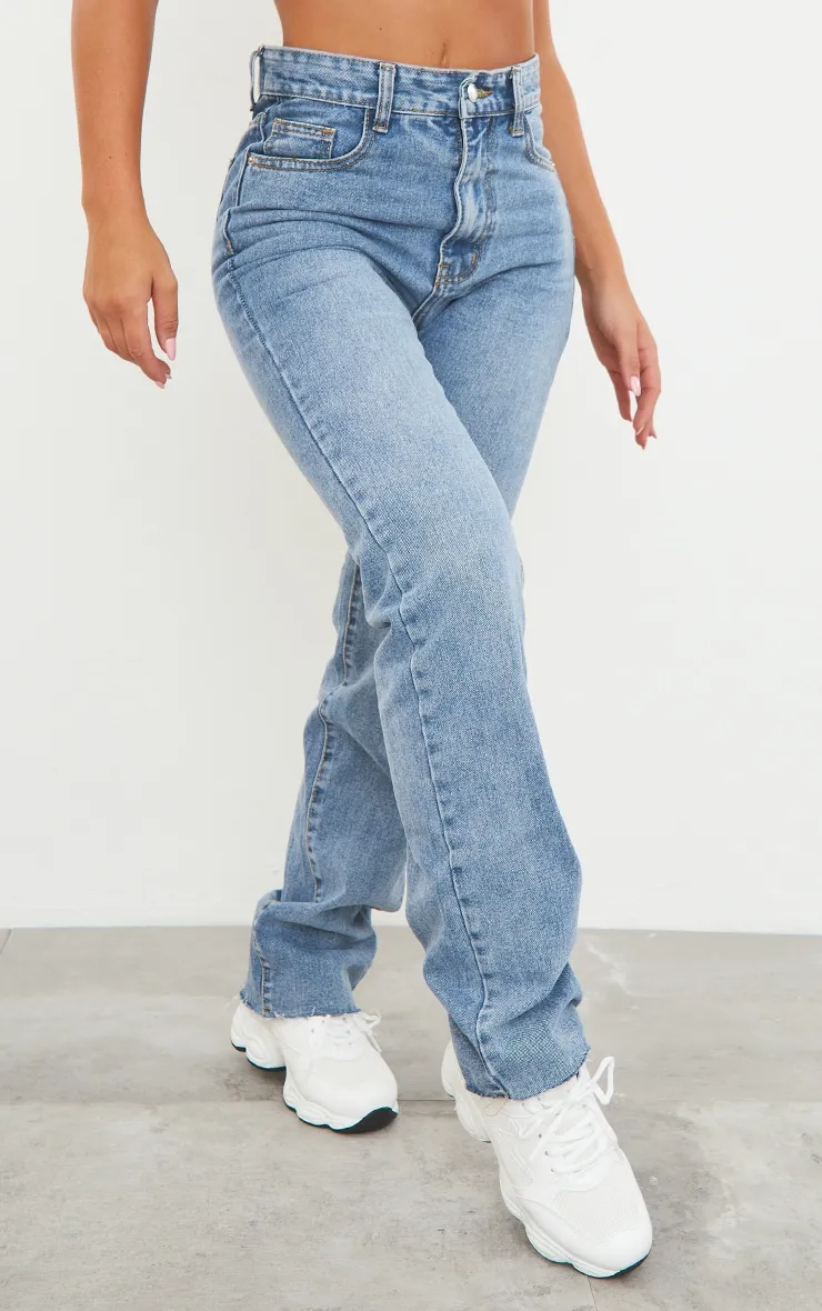 Mid Blue Wash Long Straight Leg Raw Hem Jeans sold by Pretty Little Thing product image thumbnail 2