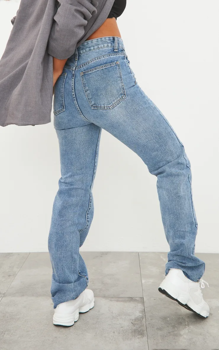 Mid Blue Wash Long Straight Leg Raw Hem Jeans sold by Pretty Little Thing product image thumbnail 3