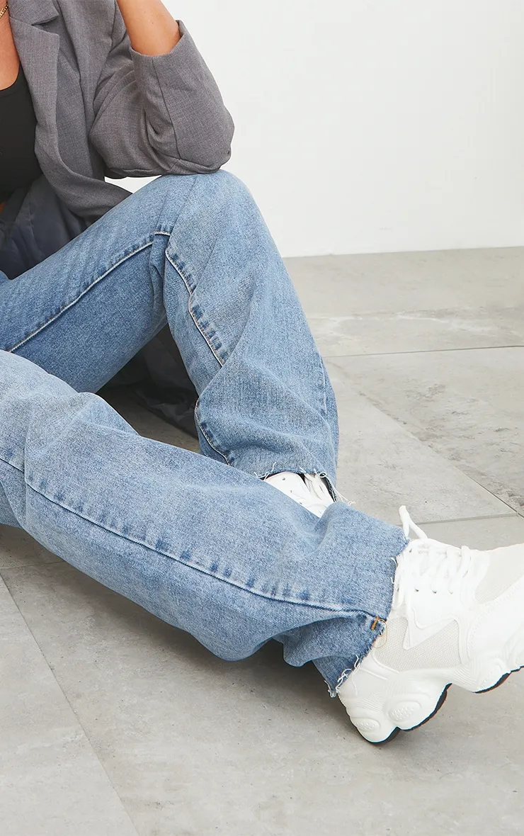 Mid Blue Wash Long Straight Leg Raw Hem Jeans sold by Pretty Little Thing product image thumbnail 4