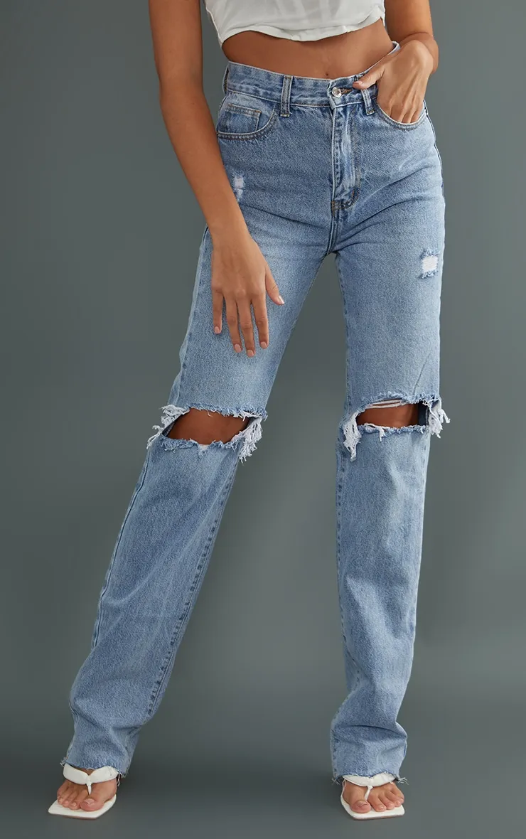 Tall Light Wash Extra Long Ripped High Waist Straight Leg Jeans sold by Pretty Little Thing product image thumbnail 2