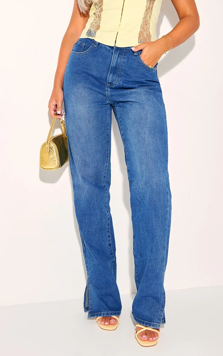 Mid Blue Wash Split Hem Straight Leg Jeans sold by Pretty Little Thing product image thumbnail 2