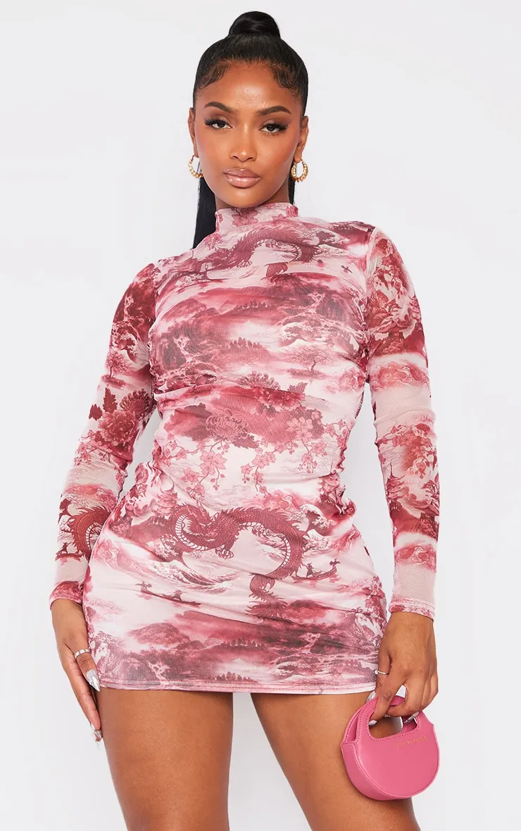Shape Pink Printed High Neck Mesh Bodycon Dress sold by Pretty Little Thing product image thumbnail 3