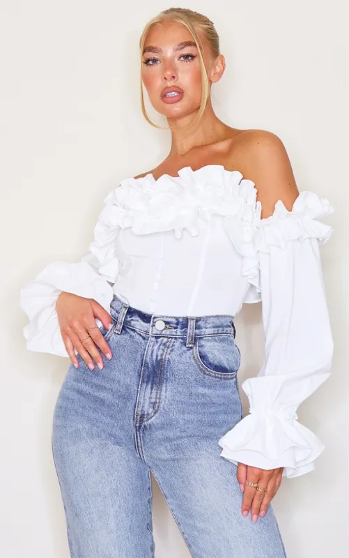 White Ruffle Hem Off Shoulder Long Sleeve Top sold by Pretty Little Thing