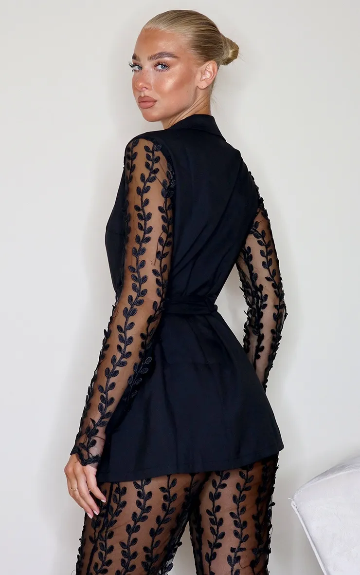 Black Woven Lace Sleeve Belt Blazer sold by Pretty Little Thing product image thumbnail 2