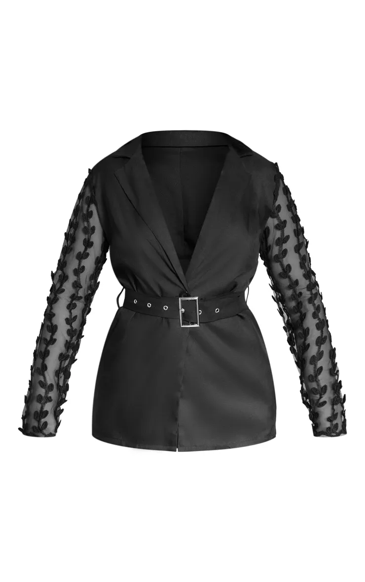 Black Woven Lace Sleeve Belt Blazer sold by Pretty Little Thing product image thumbnail 5
