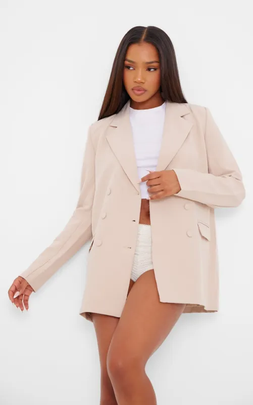 Stone Oversized Double Breasted Covered Button Blazer sold by Pretty Little Thing