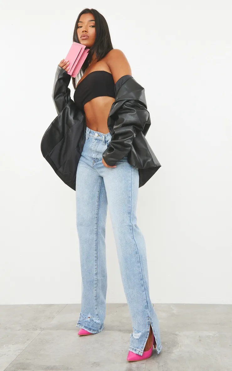 Light Blue Wash Ripped Split Hem Straight Leg Jeans sold by Pretty Little Thing