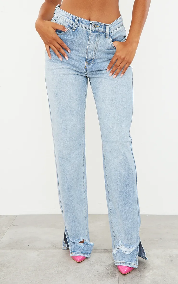 Light Blue Wash Ripped Split Hem Straight Leg Jeans sold by Pretty Little Thing product image thumbnail 2