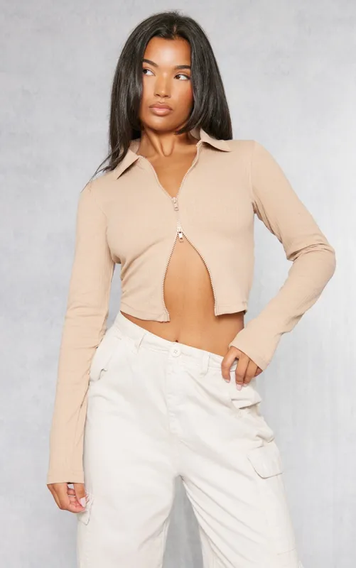 Sand Jumbo Rib Collar Double Zip Top sold by Pretty Little Thing